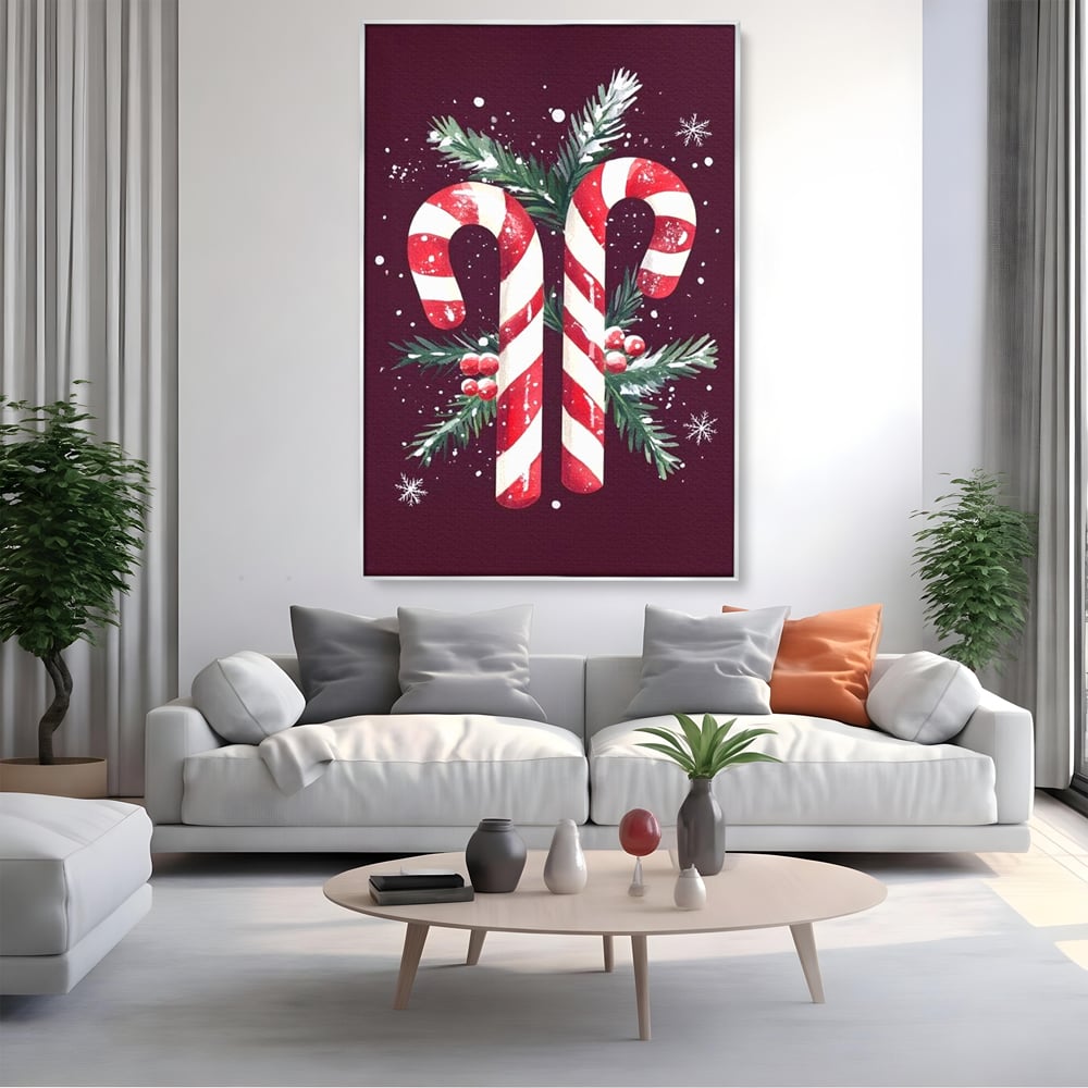 Tablou canvas cu tablou canvas cu bastonase de zahar, in rama de aluminiu argintiu, pe perete intr-un living